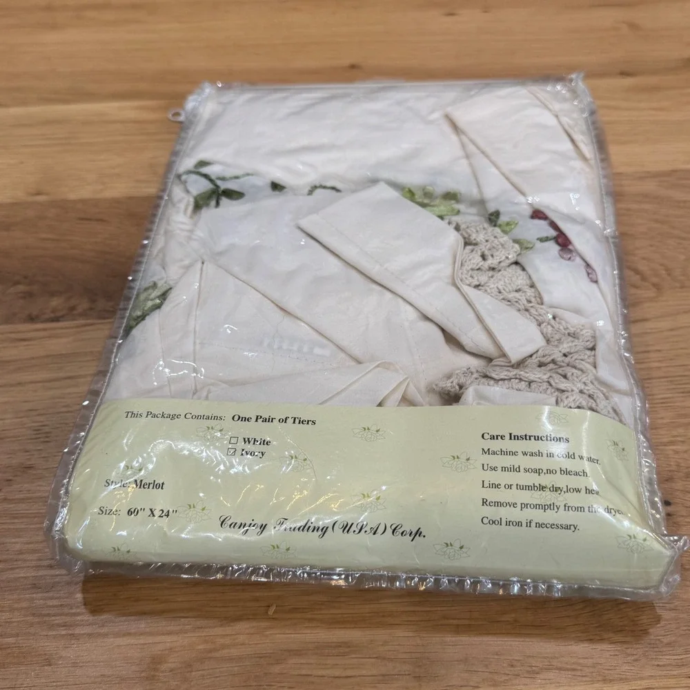 Canjoy Trading Merlot Ribbon Embroidered‎ Tier Curtains Ivory 60x24 Floral Lace